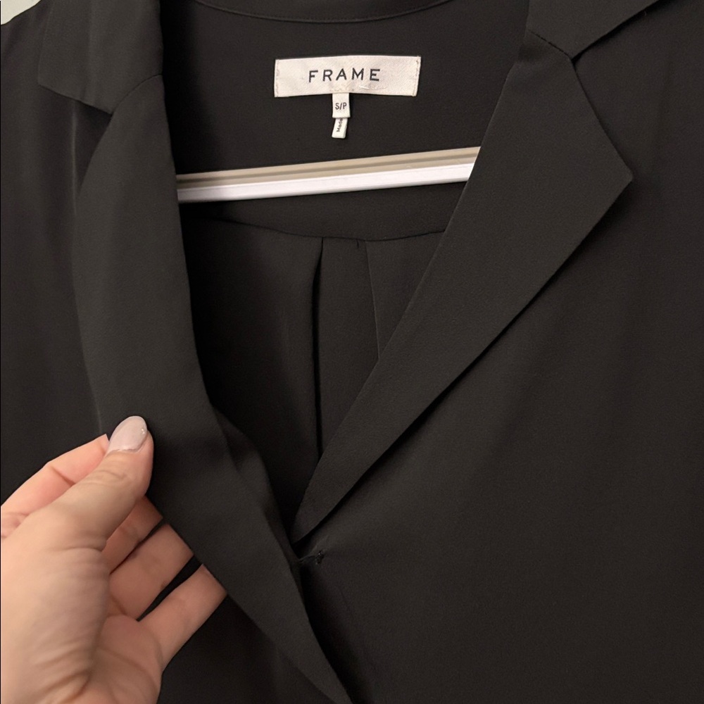 FRAME Black Silk Blouse Collared V Neck Popover Top Long Sleeve Small - Picture 4 of 11